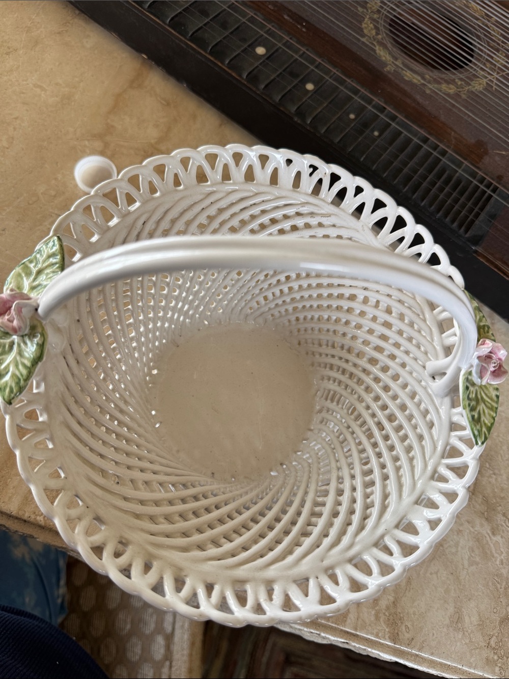 Signed White Ceramic Handled Basket with Floral Accents - Home Accents